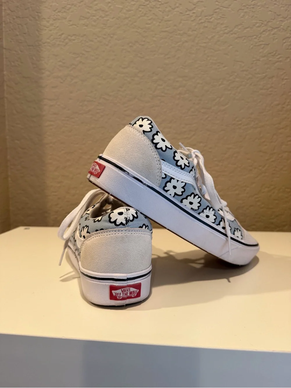 Vans White and Light Blue Floral-Accent Low Tops